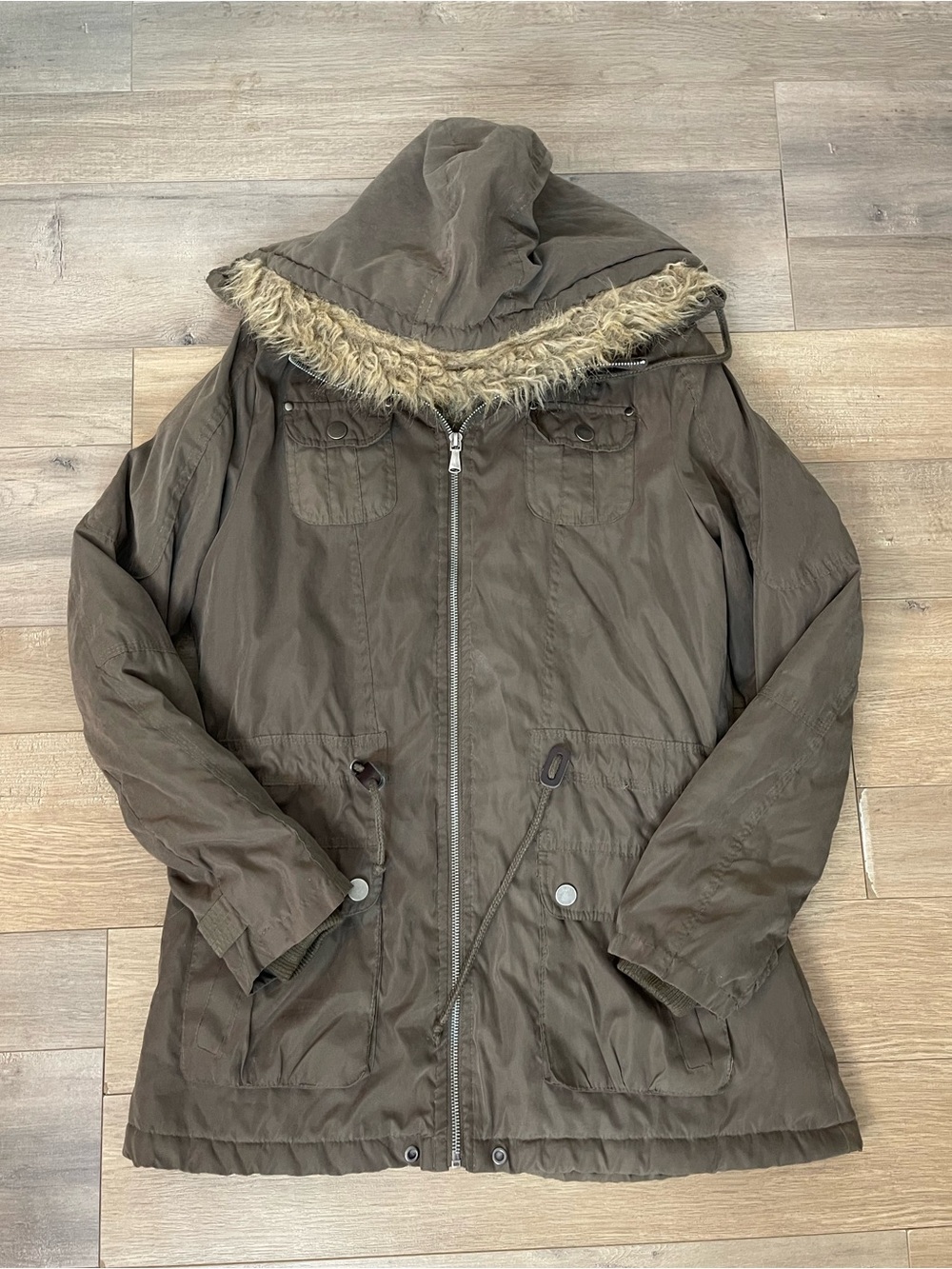Hooded Parka Jacket in Olive Green Brown
